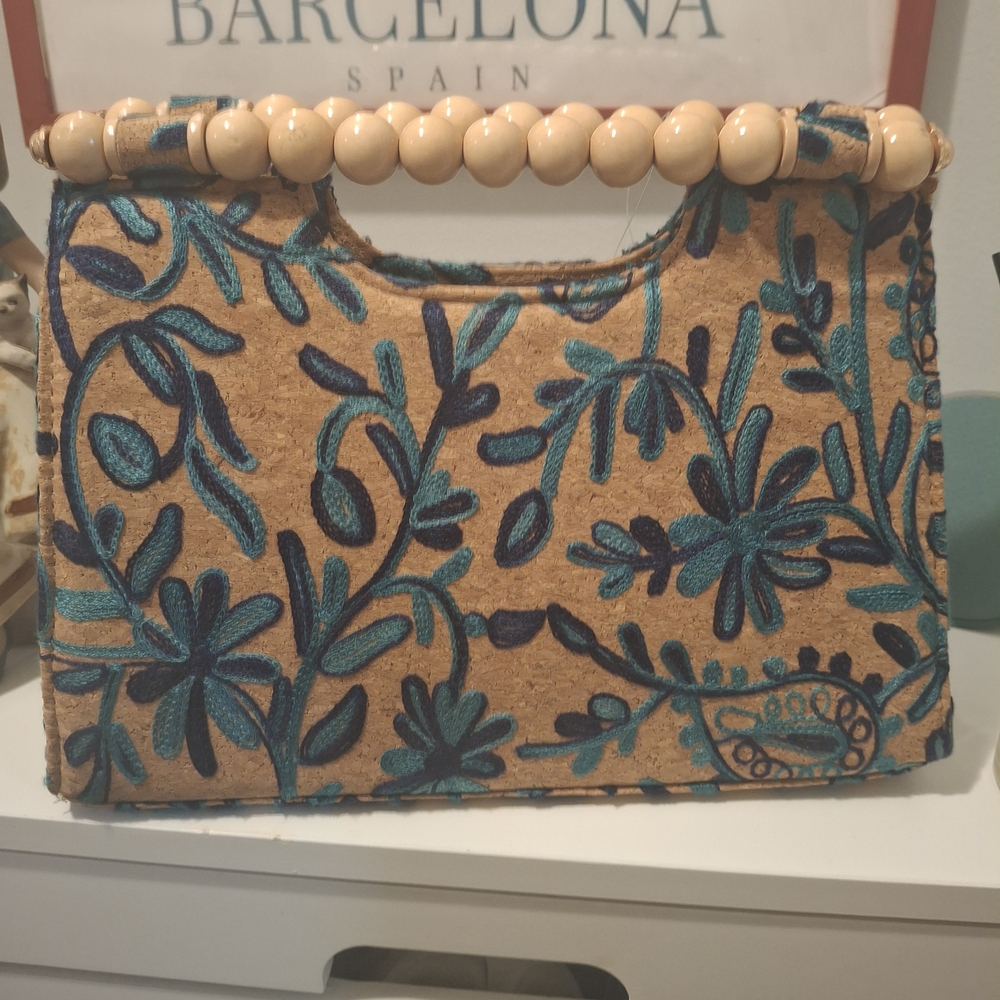 T.J.Maxx Tan Tote with Blue Embroidery